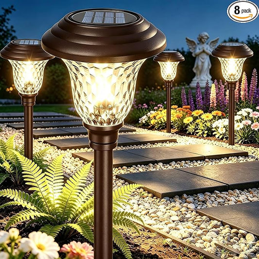 BEAU JARDIN 8 Pack Solar Pathway Lights White+Color Changing Stainless Steel 3 Mode Outdoor Multicolor Metal Solar Powered Waterproof Glass for Garden Landscape Path Yard Walkway Driveway Bronze