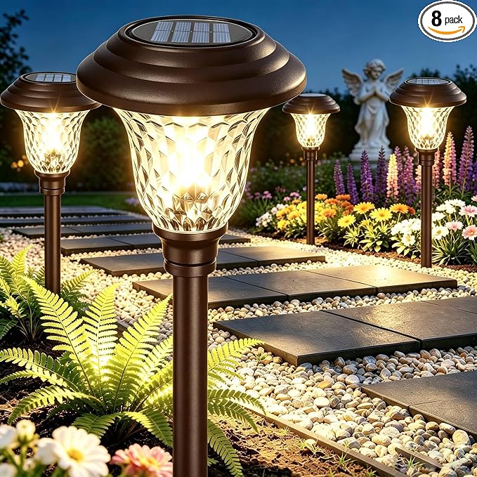 BEAU JARDIN 8 Pack Solar Pathway Lights Outdoor Solar Powered Waterproof Glass Christmas Gift High Lumen for Garden Landscape Path Yard Walkway Driveway White Color Changing Bronze