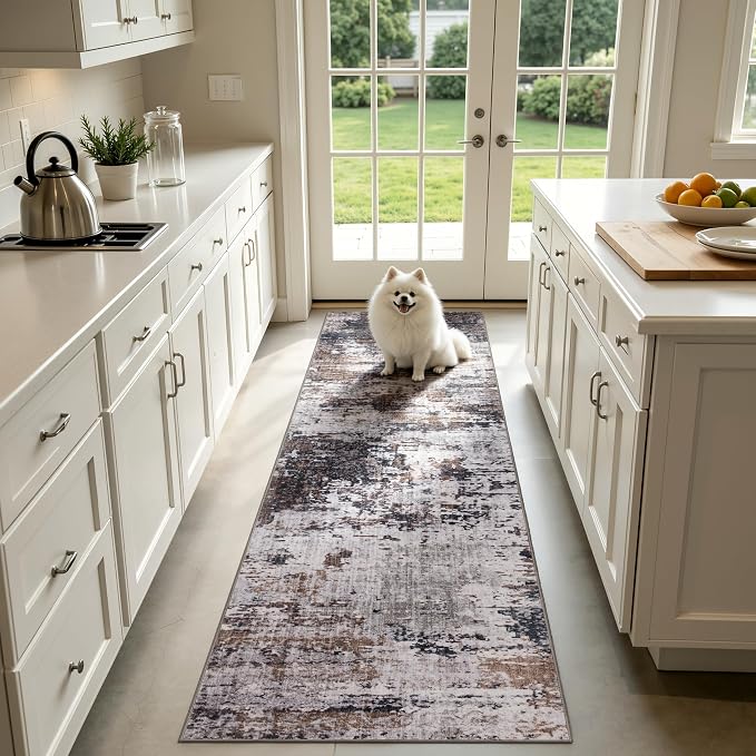 Sasttie 2x10 Runner Rug, Modern Abstract Hallway Carpet, Black & Brown | Machine Washable, Ultra-Soft Faux Wool, Low Pile, Non-Slip, Thin, for Entrance, Entryway, Kitchen & Laundry Room