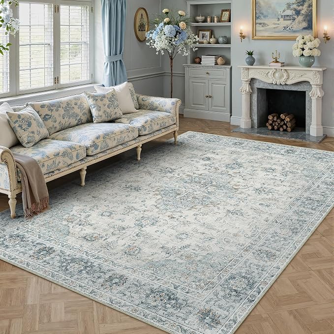 HUGEAR Area Rug 8x10 Machine Washable Living Room Rugs Light Blue Distressed Vintage Floral Low Pile Carpet Bedroom Office Dining Room Laundry Room Non Slip Soft Lightweight