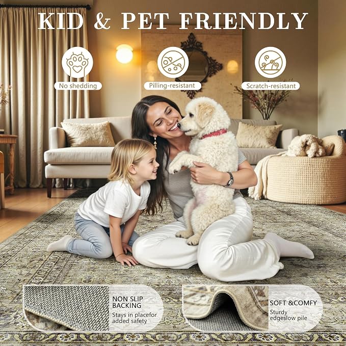 6x9 Area Rugs - Washable Vintage Retro Living Room Rug, Soft Ultra Thin Non Slip Low Pile Traditional Distressed Boho Carpet for Bedroom Dining Room Nursery Home Office, Beige Brown