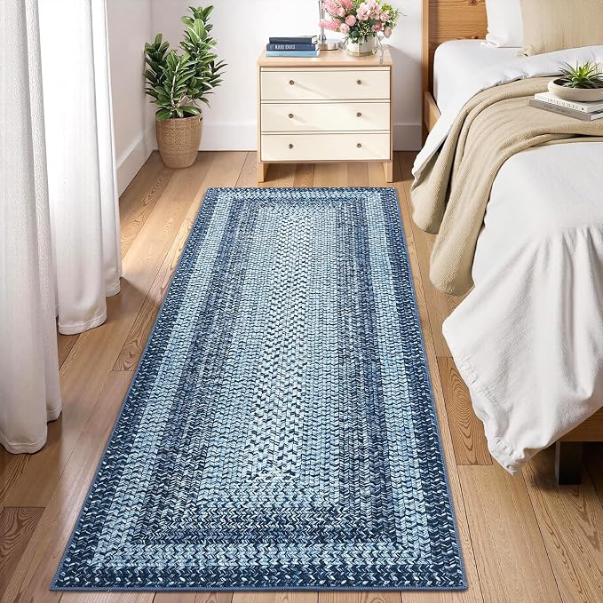 RUGSREAL 2x6 Runner Rug Braided Print Hallway Area Rugs Machine Washable | Throw Floor Cover Non Slip Modern Runner Carpet for Kitchen Farmhouse Rustic Carpet for Living Room Bedroom, Blue