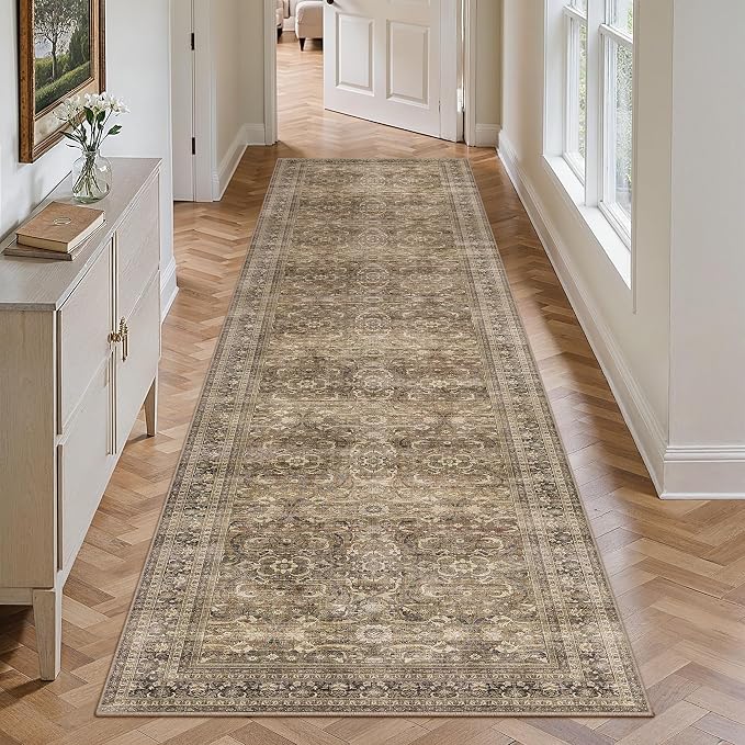 2'6''x10 Brown Vintage Distressed Washable Runner Rug for Hallway | Low Pile, Non Slip, Retro Style, Soft Distressed Long Hallway Runner for Kitchen, Entryway, Laundry, Bedroom, Home Decor