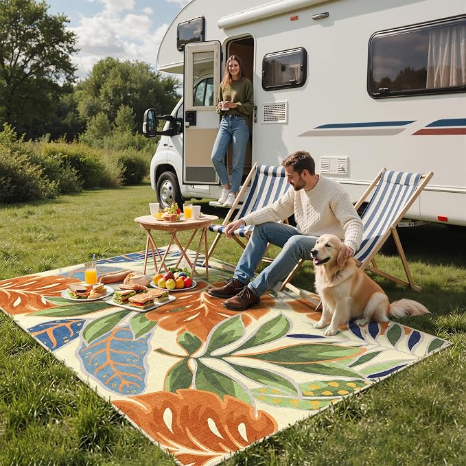 GENIMO Outdoor & Indoor Area Rug 4'x6', Waterproof, Non-Shedding, Easy Cleaning, Leaf Mat for Patio, Living Room, Balcony, Dining Room, RV, Deck, Bedroom, Camping, Outside Carpet, Rust Sage