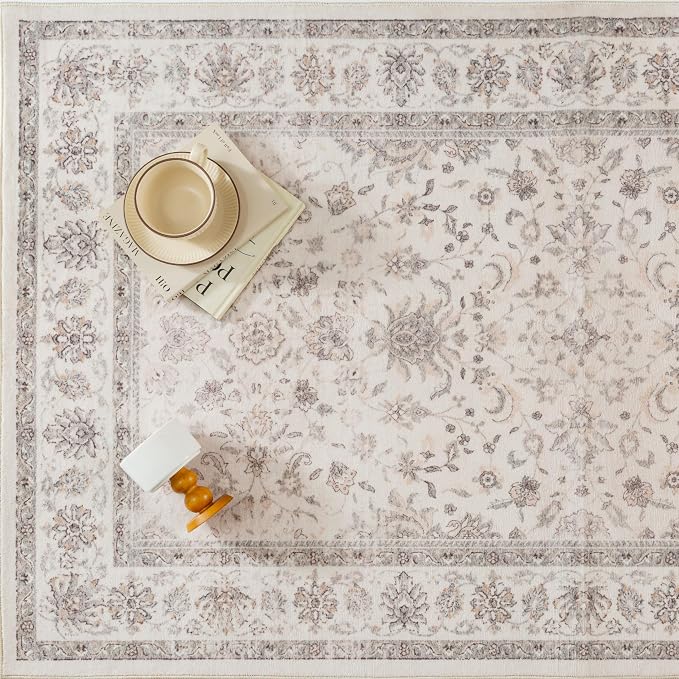 Beige 5x7 Washable Area Rug Neutral Vintage Floral Carpet | Soft Low Pile, Non Slip, Stain Resistant, Retro Accent Decor for Living Room, Bedroom, Dining Room, Kids Room, Office