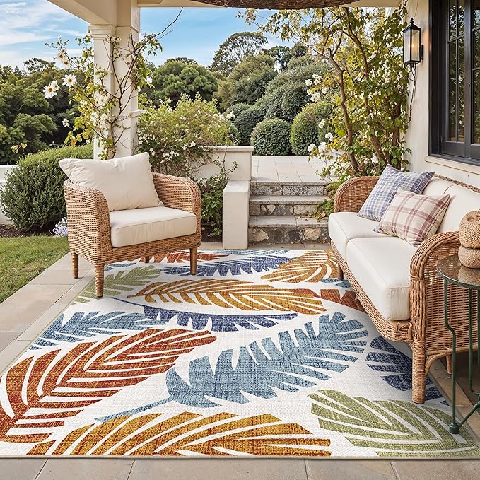 GENIMO Outdoor & Indoor Area Rug 4'x6', Waterproof, Non-Shedding, Easy Cleaning, Leaf Mat for Patio, Living Room, Balcony, Dining Room, RV, Deck, Bedroom, Camping, Outside Carpet, Rust Navy