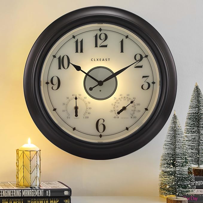 CLXEAST Illuminated Indoor Outdoor Clocks Waterproof 18 inch with Smart Night Light Sensor,Large Wall Clock with Thermometer & Hygrometer,Oil Rubbed Bronze Black
