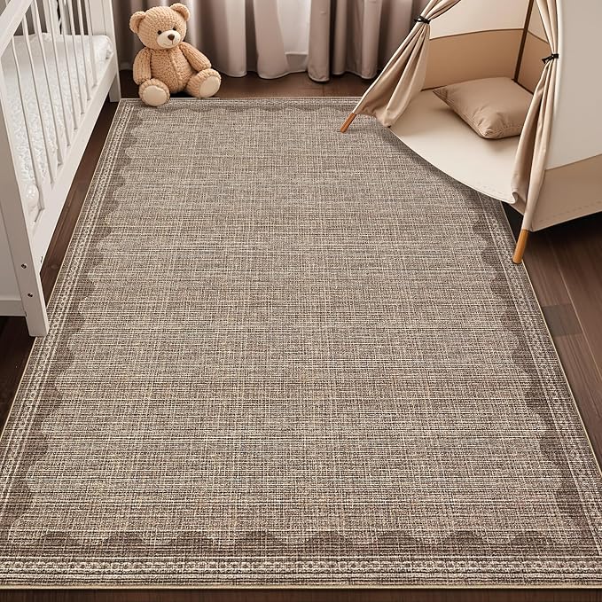 GarveeHome Washable Rugs 5x7 Rug for Living Room, Scalloped 5 x 7 Rug Solid Coffee Modern Minimalism Low-Pile Carpet for Bedroom Dining Nursery Non Slip Mat with Rubber Back