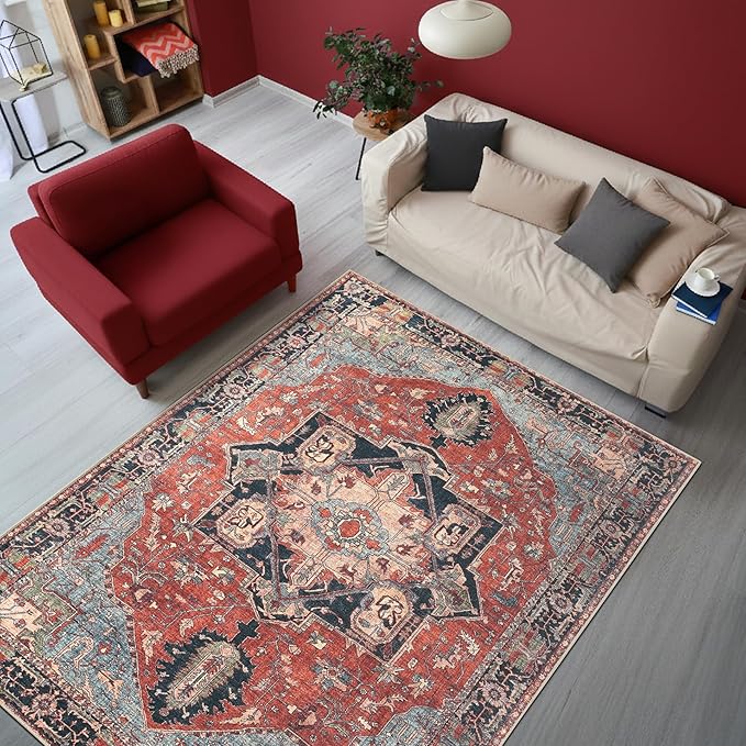 Keen Home Design Vintage Washable Area Rug, Non-Slip Low Pile, 4x6 | Machine Washable Cotton Chenille, 0.25In Low Pile, Rubber Non-Slip Back; Kitchen, Entryway, Bedroom, Dining Room