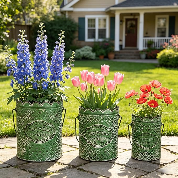Set of 3 Vintage Distressed Metal Planter Rustic "Flowers and Garden" Embossed Flower Pots with Scalloped Edge & Handle Farmhouse Decorative Floral Buckets for Dried Flowers, Home Garden Decor (Green)