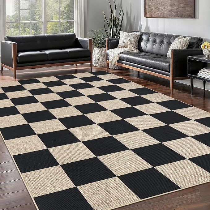 Garvee 6x9 Rugs for Living Room Washable Rug Easy Jute Rugs，Black/Beige | Modern Checkered Rugs for Bedroom Nursery Rug Non Slip Throw Carpet Stain Resistant Soft Touch Floor Cover for Dining Room