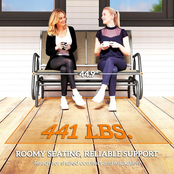 Outsunny 2-Person Outdoor Glider Bench, Patio Double Swing Rocking Chair Loveseat w/Powder Coated Steel Frame for Backyard Garden Porch, Light Mixed Brown
