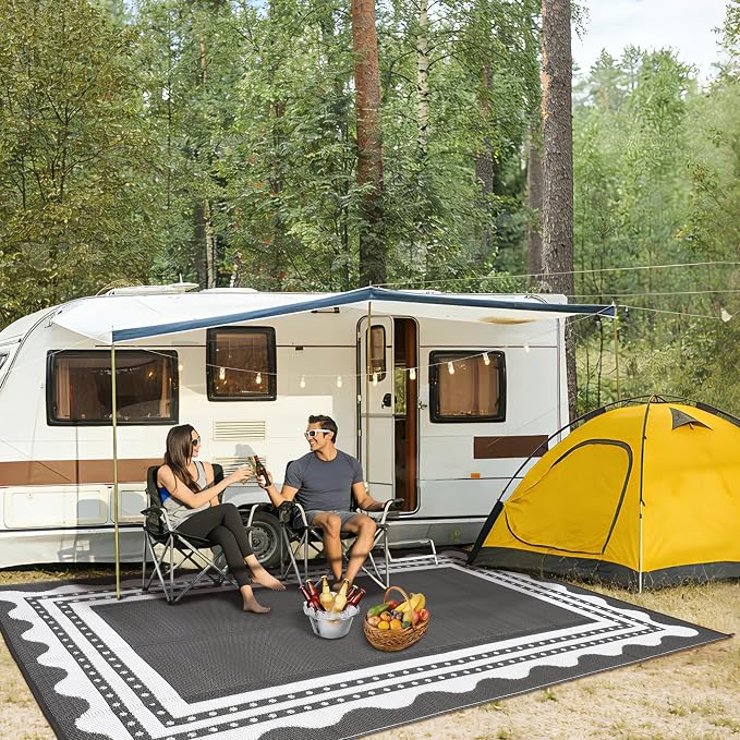 IDEALHOUSE Waterproof Outdoor Rug 9x12 for Patio, Reversible Modern Area Rug, Large Plastic Straw Mat for Camping, RV, Porch, Backyard, Deck, Picnic, Beach, Grey & White