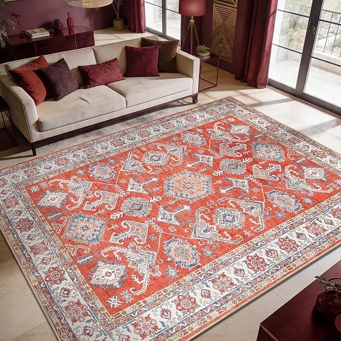 Keen Home Design Vintage Washable Area Rug, Non-Slip Low Pile, 9x12 | Machine Washable Cotton Chenille, 0.25In Low Pile, Rubber Non-Slip Back; Living Room, Bedroom, Dining Room