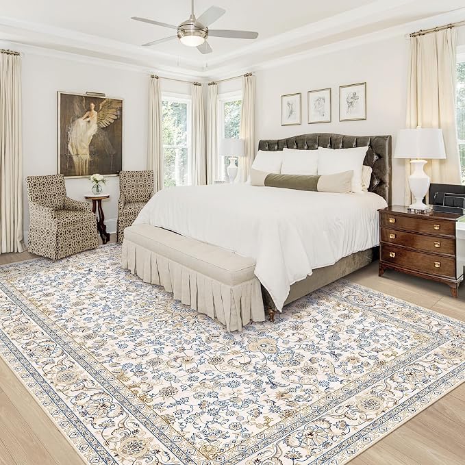 Area Rug 8x10 Washable Rug, Vintage Boho Medallion Rugs Non-Slip Soft Low Pile Large Distressed Rug Indoor Retro Carpet for Living Room Bedroom Dining Room Home Office (BeigeBlue, 8'x10')