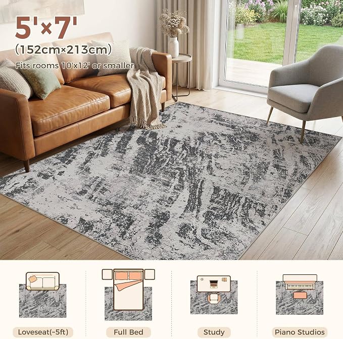DMOYEST 5x7 Area Rug for Living Room Washable Abstract Indoor Carpet | Neutral Modern Low Pile Rugs Kid & Pet Friendly Soft Thin Carpet for Bedroom Dining Room and Office - Light Black