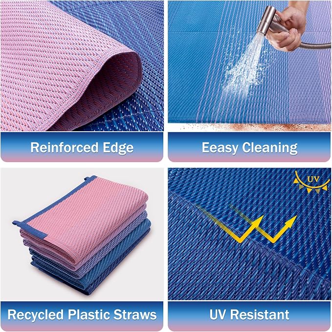 Lahome Outdoor Area Rugs 8x10 Waterproof, Large Reversible Plastic Straw Camping Rug for Patio, Lightweight Portable Outdoor Carpet for Backyard Garden Balcony, Blue Pink 8'x10'