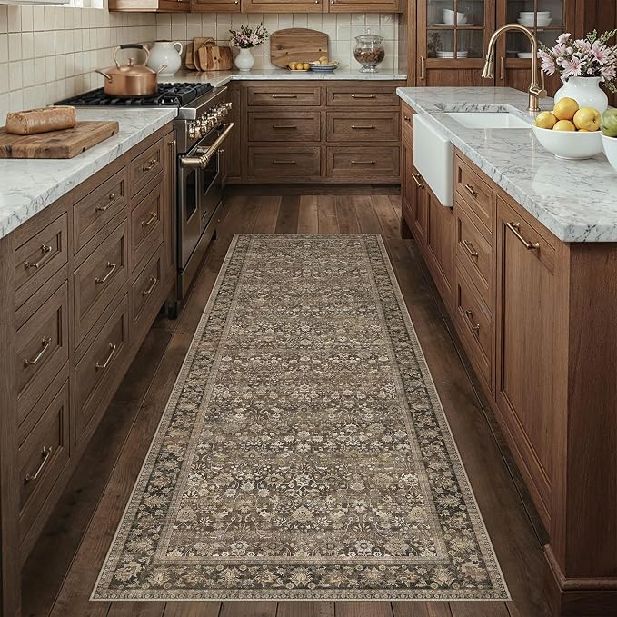 HUGEAR 3x10 Runner Rug Machine Washable Brown Hallway Area Rug Indoor Accent Rug Floral Low Pile Carpet Soft Throw Rug Bedroom Living Room Office Dining Room Kitchen Laundry Room Non Slip