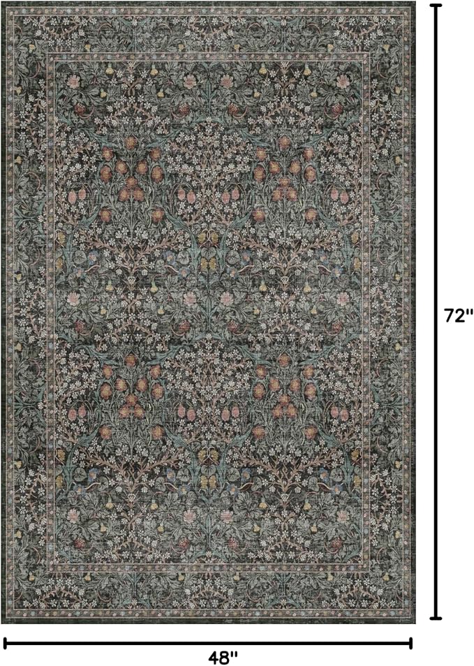 Dark Green 4x6 Entryway Rug, Washable Area Rug 4x6 for Living Room, Bedroom, Large Kitchen, Ultra Soft Non Slip Stain Resistance, Floral Distressed Aethestic Design