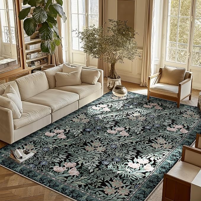 Washable Area Rugs 6x9 Black Green Vintage Floral Botanical Pattern,Perfect for Living Room, Bedroom, Kids Room, Nursery - Stain & Water Resistant Non-Slip, Pet & Child Friendly/Bedroom Decor