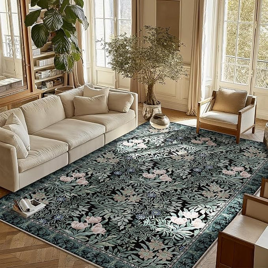 Washable Area Rugs 6x9 Black Green Vintage Floral Botanical Pattern,Perfect for Living Room, Bedroom, Kids Room, Nursery - Stain & Water Resistant Non-Slip, Pet & Child Friendly/Bedroom Decor