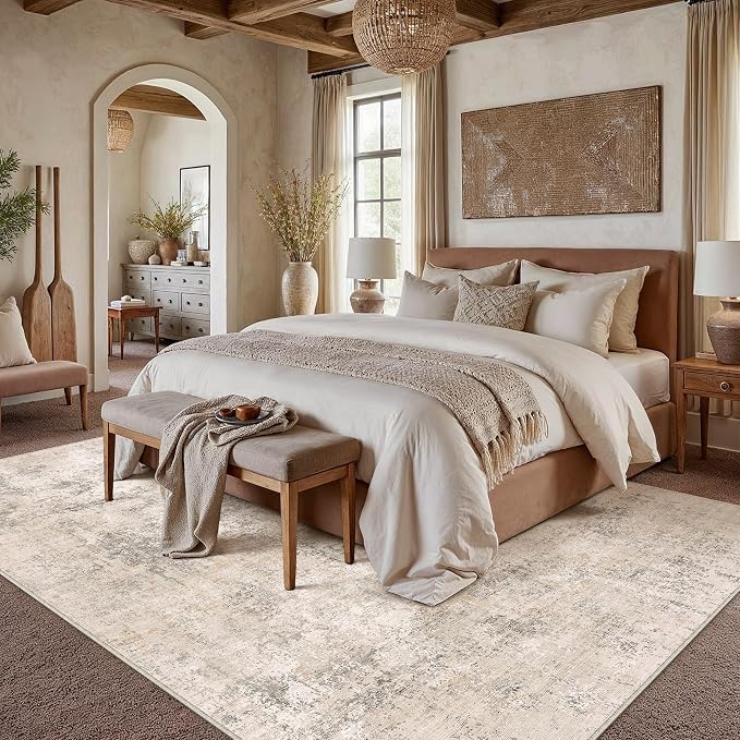 5x7 Beige Modern Abstract Washable Area Rug for Living Room | Low Pile, Non Slip, Modern Abstract Style, Soft Indoor Rug for Living Room, Bedroom, Dining Room, Office, Home Decor