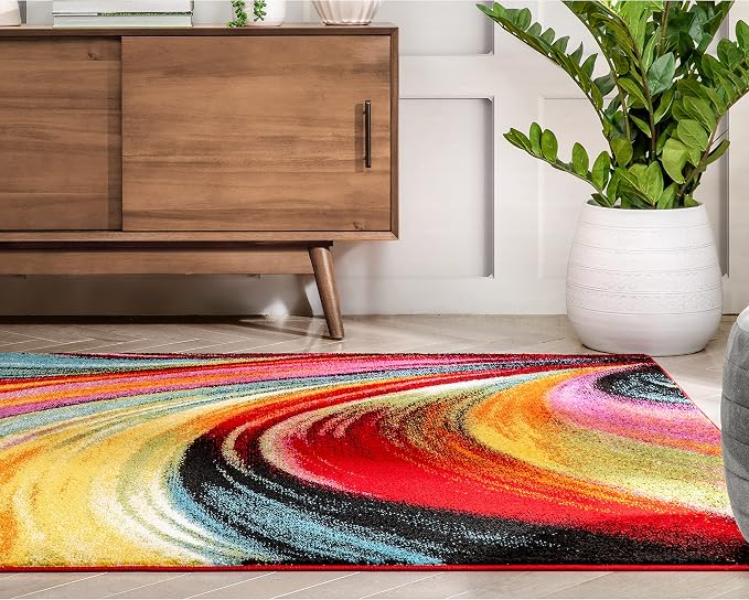 Well Woven Aurora Multi Red Yellow Orange Swirl Lines Modern Geometric Abstract Brush Stroke Area Rug(5'3inx7'3in)Easy Clean Stain Resistant Shed Free Contemporary Painting ArtStripe Thick Soft Plush
