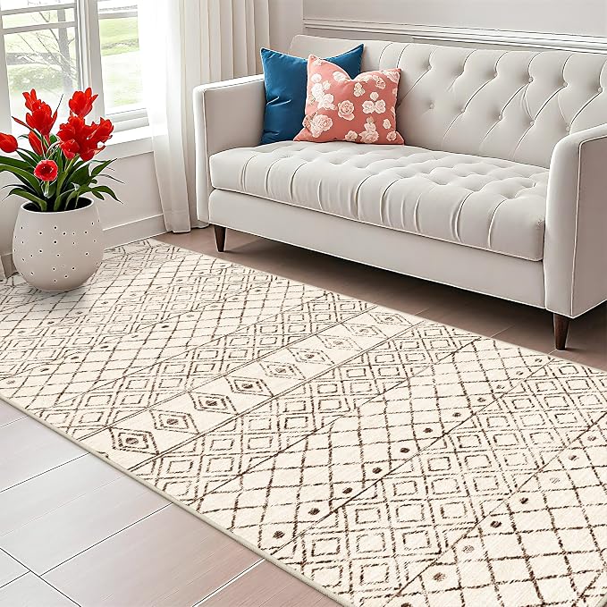Washable 4x10 Non Slip Moroccan Runner:Hallway Runner Rug Geometric Beige | Modern Low Pile Soft Pets Friendly Runners - Indoor Thin Carpet for Kitchen Bedroom Entryway Laundry