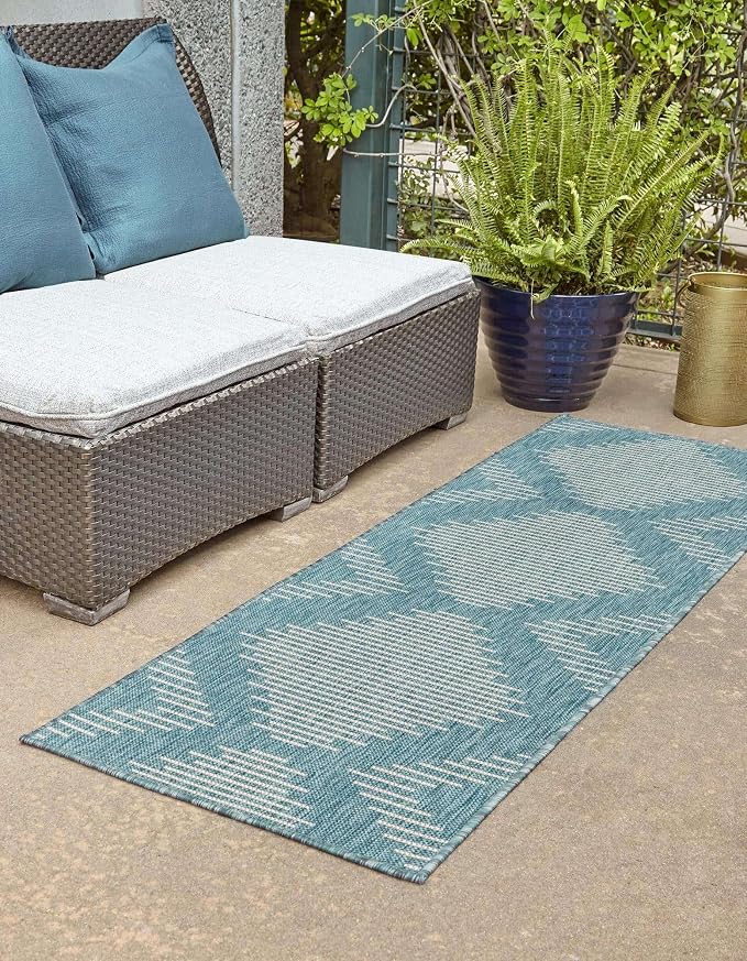 Unique Loom Outdoor Modern Collection Area Rug - Tambor (3' 3" x 14' 1" Runner, Light Aqua/ Ivory)