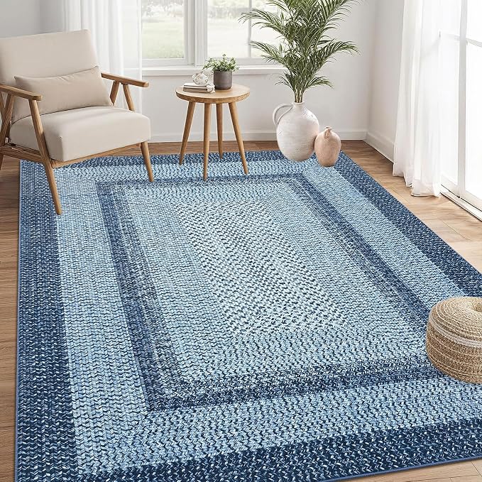 RUGSREAL 10x13 Large Living Room Rug Washable Braided Print Bedroom Rugs | Throw Carpet Farmhouse Rustic Dining Room Non Slip Geometric Bordered Carpet for Home Decor Office, Blue