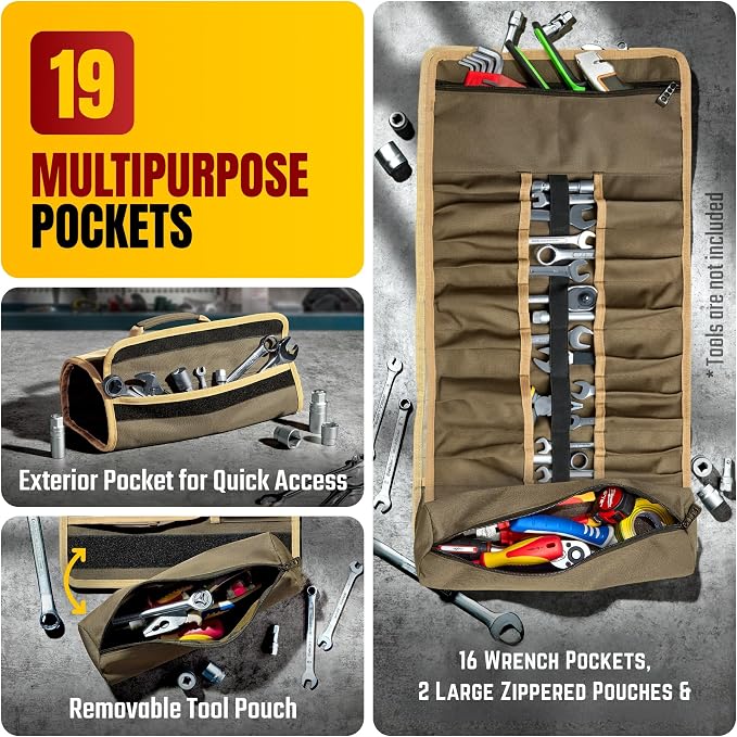 The Ryker Bag Wrench Roll Up Heavy-Duty Canvas Tool Organizer, Tool Roll Organizer Gifts for Dad Roll-Up Tool Bag w/Multiple Pockets for Wrenches, Sockets & Hand Tools for Mechanics & Electricians