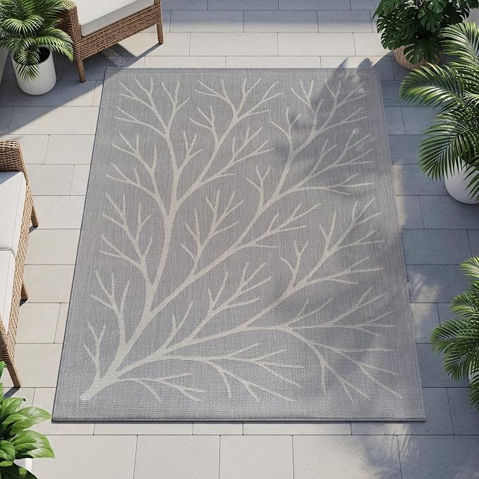 Washable Indoor Outdoor Rug 6x9 Modern Area Rugs Branch Pattern Non Shedding Waterproof Easy Clean Patio Deck Porch Living Room Bedroom Garden RV (6 X 9 Gray)