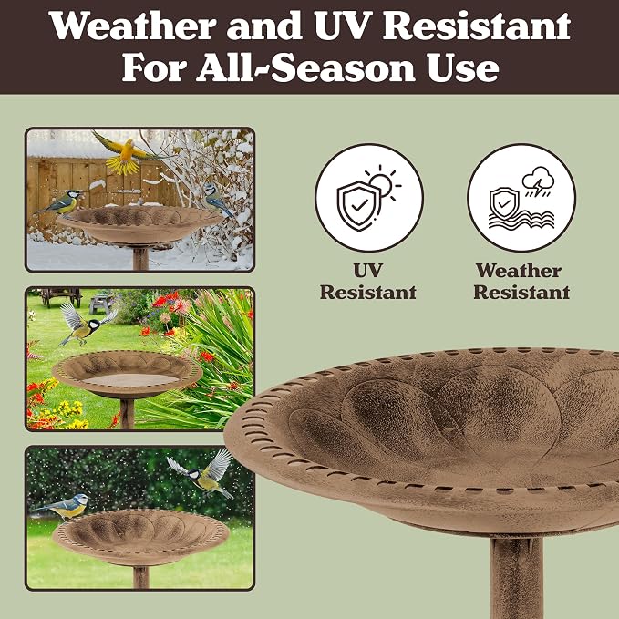 Pure Garden 50-LG1074 Antique Bird Bath-Weather Resistant Resin Birdbath with Vintage Scroll Design, 3 Ground Stakes for Garden, Outdoor Decor (Bronze)