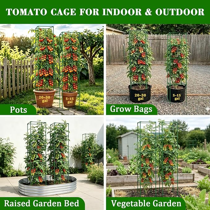 ZeeDix 72 Inches Heavy Duty Tomato Cages, 2 Pack Square Adjustable Tomato Trellis with 40Pcs Clips, Extra Tall Plant Support Stakes for Climbing Vegetables, Flowers, Raised Garden Bed & Pots
