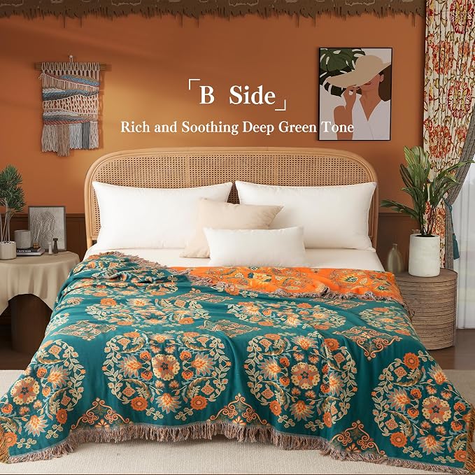 Phuryllic Boho Throw Blanket Queen Size, Oversized Soft Cozy Cotton Muslin Quilt Blanket for Bed Decor, Floral Patterned Couch Sofa Chair Cover, Vintage Farmhouse Cottage Woven Blanket, Orange&Green
