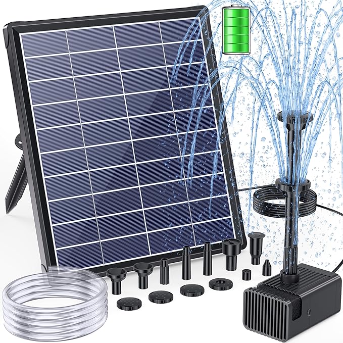 POPOSOAP 6.5W Solar Fountain Pump for Bird Bath Built-in 3000mAh Battery Backup, DIY Solar Water Fountain with Double-Layer Nozzles & Dry-Run Protection 5Ft Tubing for Ponds, Bird Bath, Water Features