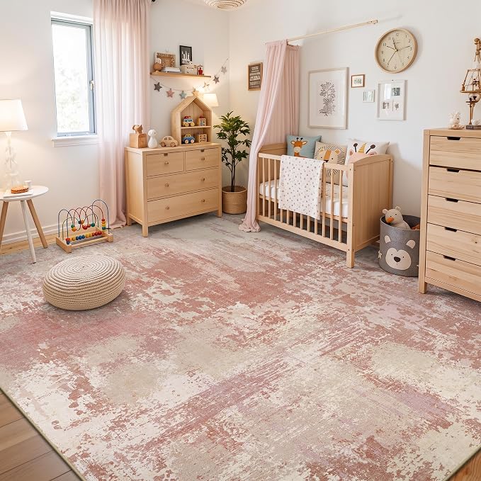 8x10 Rugs for Living Room - Modern Abstract Washable Rug, Ultra Soft Non Slip Low Pile Large Rugs, Floor Carpet for Bedroom Dining Room Office Laundry Nursery Home（Peach Powder）