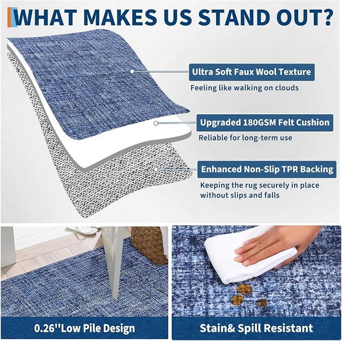 Garvee Washable 8x10 Rug for Living Room Modern Solid Neutral Rug Blue | Soft Non Slip Rugs for Bedroom, Low Pile Neutral Rug, Stain Resistant Foldable Carpet for Playroom Dorm, Farmhouse Rugs