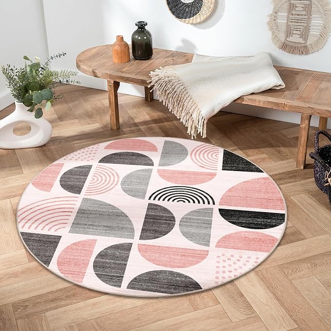 Round Rug 4ft Small Circle Area Rug Washable Non Slip Modern Abstract | Circular Rugs for Entryway Bedroom Kitchen Boho Throw Carpet Soft Low Pile Floor Indoor Bohemian Pink and Grey