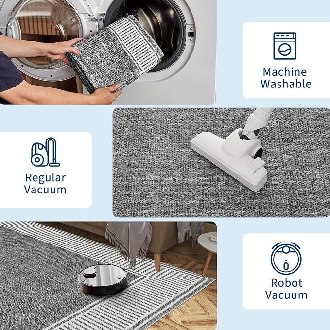 Garvee Bordered Area Rug 5x7 Washable Living Room Rug Non Slip Rugs Grey | Modern Ultra Soft Non-Shedding Floor Cover Low Pile Stain-Resistant Lines Print Throw Carpet for Bedroom Kids Room Dorm