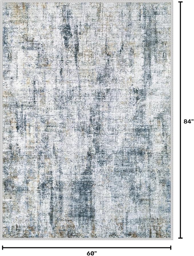 5x7 Area Rugs Washable Rug: Abstract Neutral Rugs Modern Non Slip Area Rug Stain Resistant Low Pile Indoor Carpet for Dining Room Bedroom Nursery Office (Multi Blue, 5'x7')