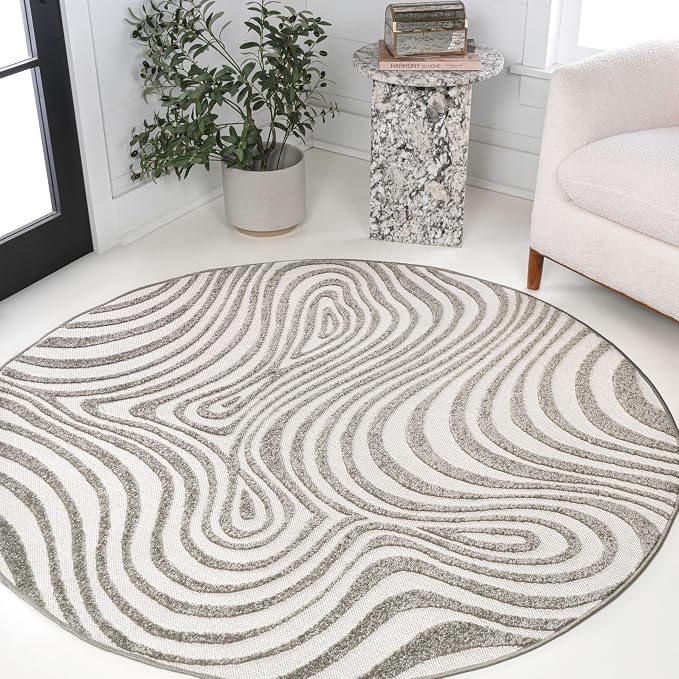 JONATHAN Y Maribo High-Low Abstract Striped Gray/Ivory 8' Round Indoor/Outdoor Area Rug, Pet Friendly, Non-Shedding, Stain Resistant, Easy-Cleaning for Backyard, Patio, Porch (SCN103B-8R)