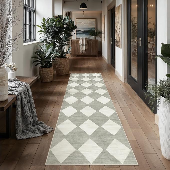 Grey 3x8 Washable Runner Rug Kitchen Non Slip Checkered Carpet | Soft, Low Pile, Easy Clean, Diamond Pattern for Hallway, Entryway, Laundry Room, Bathroom, Modern Indoor Decor