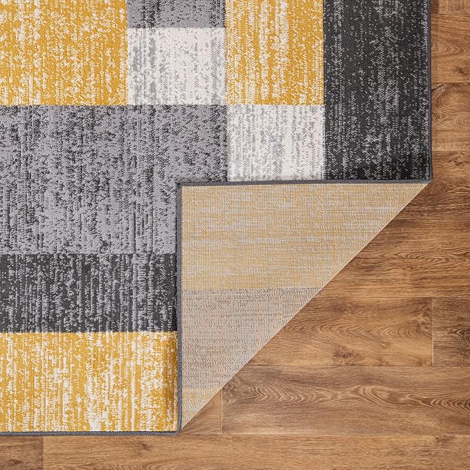 Rugshop Geometric Boxes Oslo Modern Living Room Area Rug Yellow 7'10" x 10' | Rectangular, Jute Backing, Size 7'10" x 10', Bedroom, Dining Room, Home Office, Kitchen, Entryway, Hallway, Nursery, Bedside