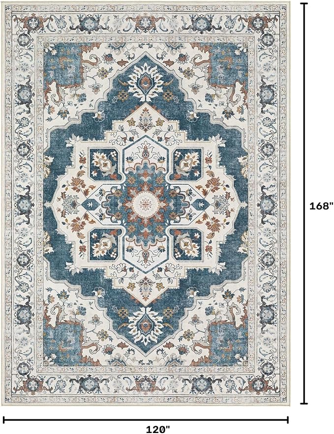 Washable Area Rug-10X14 Vintage Neutral Soft Vintage Blue | Non Slip Thin Foldable Large Floor Carpet for Living Room Bedroom Kitchen Dining Room Home Office Farmhouse Indoor
