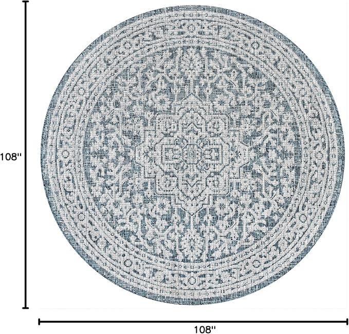 JONATHAN Y Medallion Weave Indoor Outdoor Round Area Rug 9 Ft Teal Blue/Gray, Sinjuri Textured for Backyard, Patio, Porch, Easy-Cleaning, High Traffic, Pet-Friendly, Non-Shedding (SMB101C-9R)