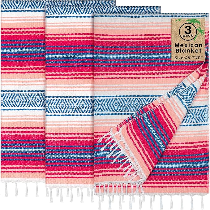 Oudain 3 Pack Mexican Blankets 45 x 70 Inch Woven Serape Throw Blanket, Baja Yoga Blanket for Beach Picnic Camping Boho Couch Decor Travel Outdoor (Fresh Color)