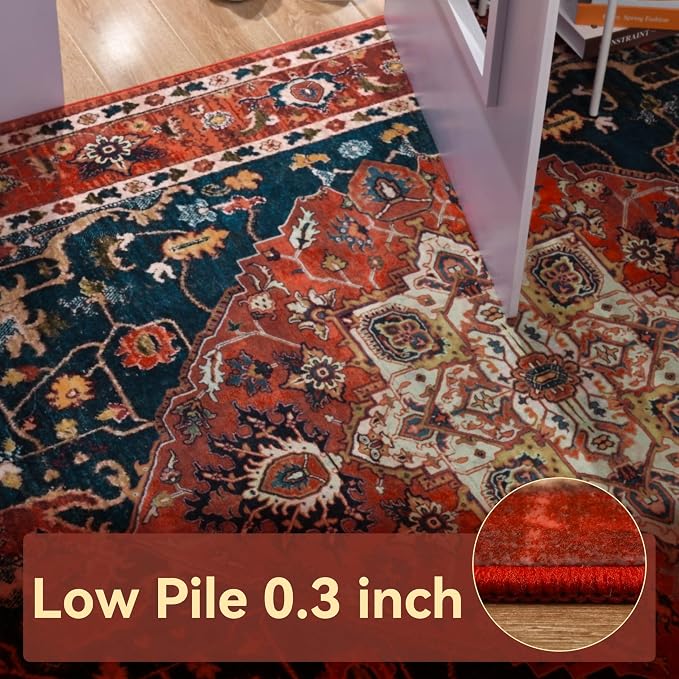 YJ.GWL Area Rugs for Living Room 3x5 Machine Washable Rugs for Bedroom, Non Slip Floral Vintage Rug Indoor Carpet, Small Floor Throw Rug for Dining Room Kitchen, Orange-Red
