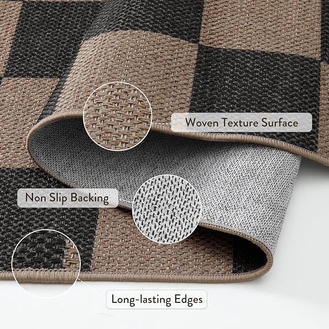 Lahome Colette Checkered Easy Jute 3x5 Rug, Washable Rugs for Living Room Entryway Farmhouse Non Slip Black Outdoor Carpet, Checkerboard Indoor Door Mat for Entry Patio Deck