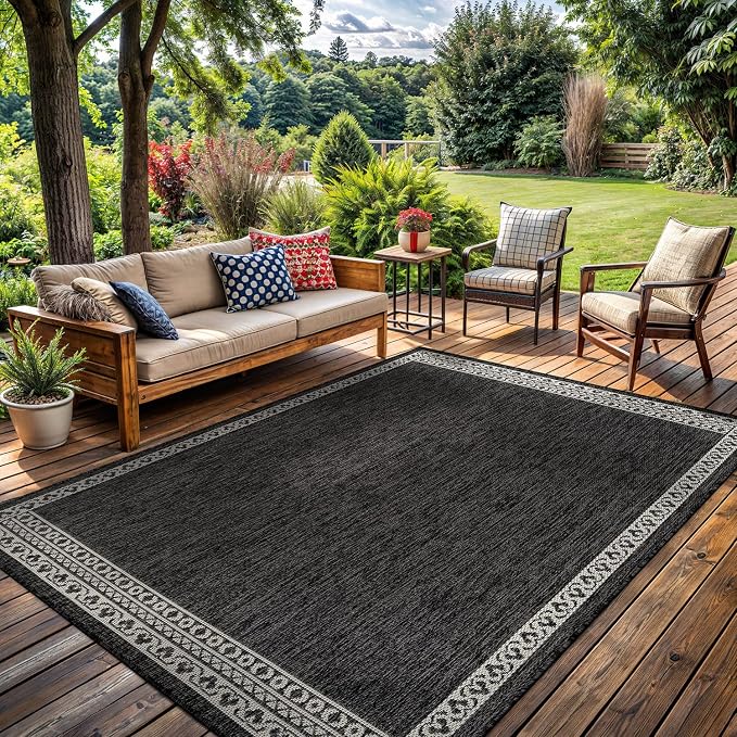 Washable Outdoor Rug 10x14 Modern Area Rugs Outdoor Carpets Bordered Pattern Non Shedding Waterproof Easy Clean Patio Deck Porch Living Room Bedroom Garden RV (10 X 14 Dark Gray)